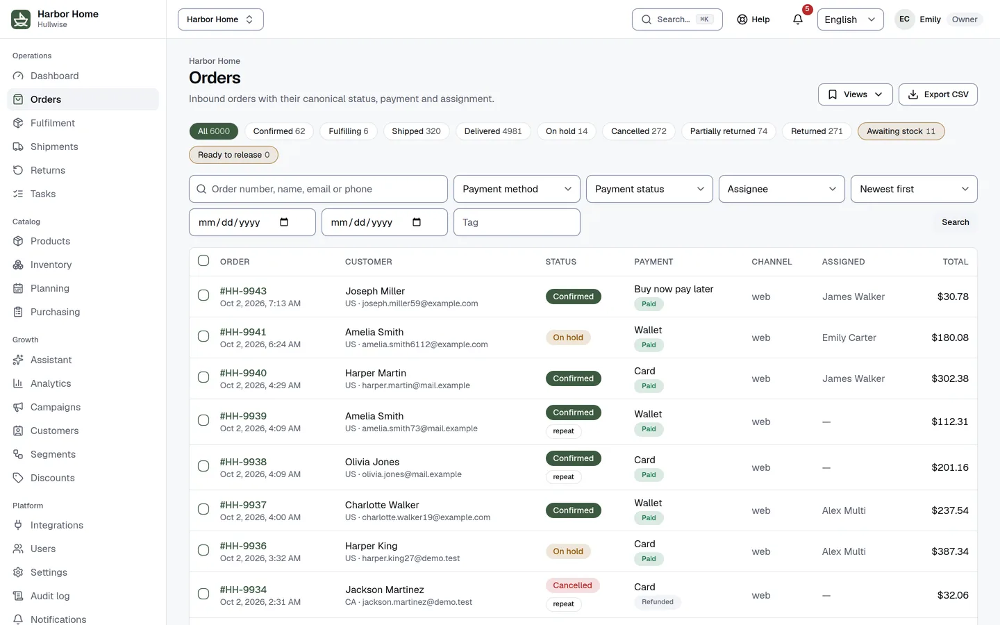 Orders list in Hullwise: each order with its canonical status, payment method and status, channel, assignee and total